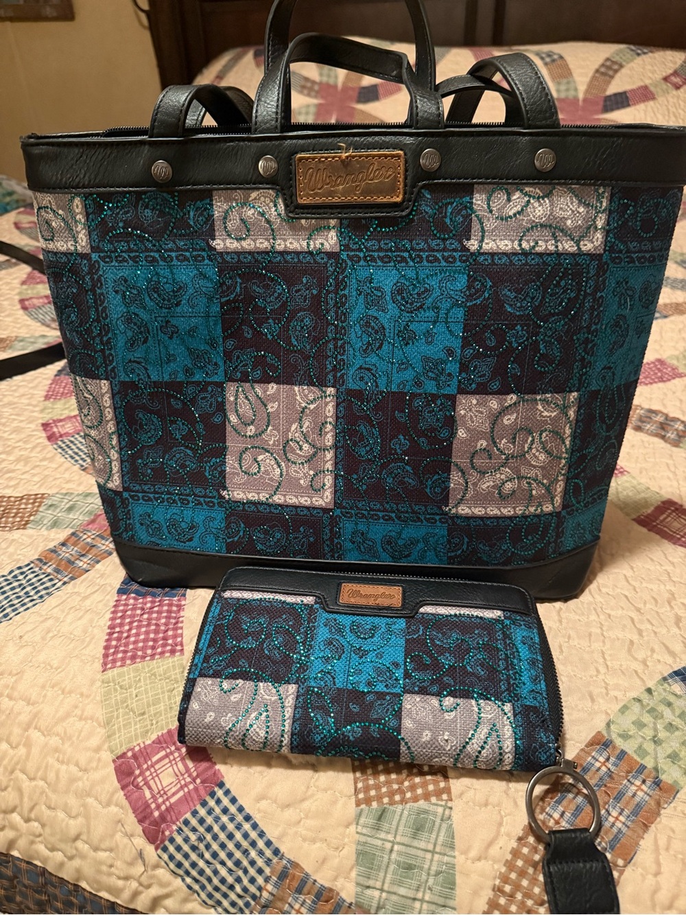 Wrangler Teal Black Gray Paisley Patchwork Tote with Matching Wallet